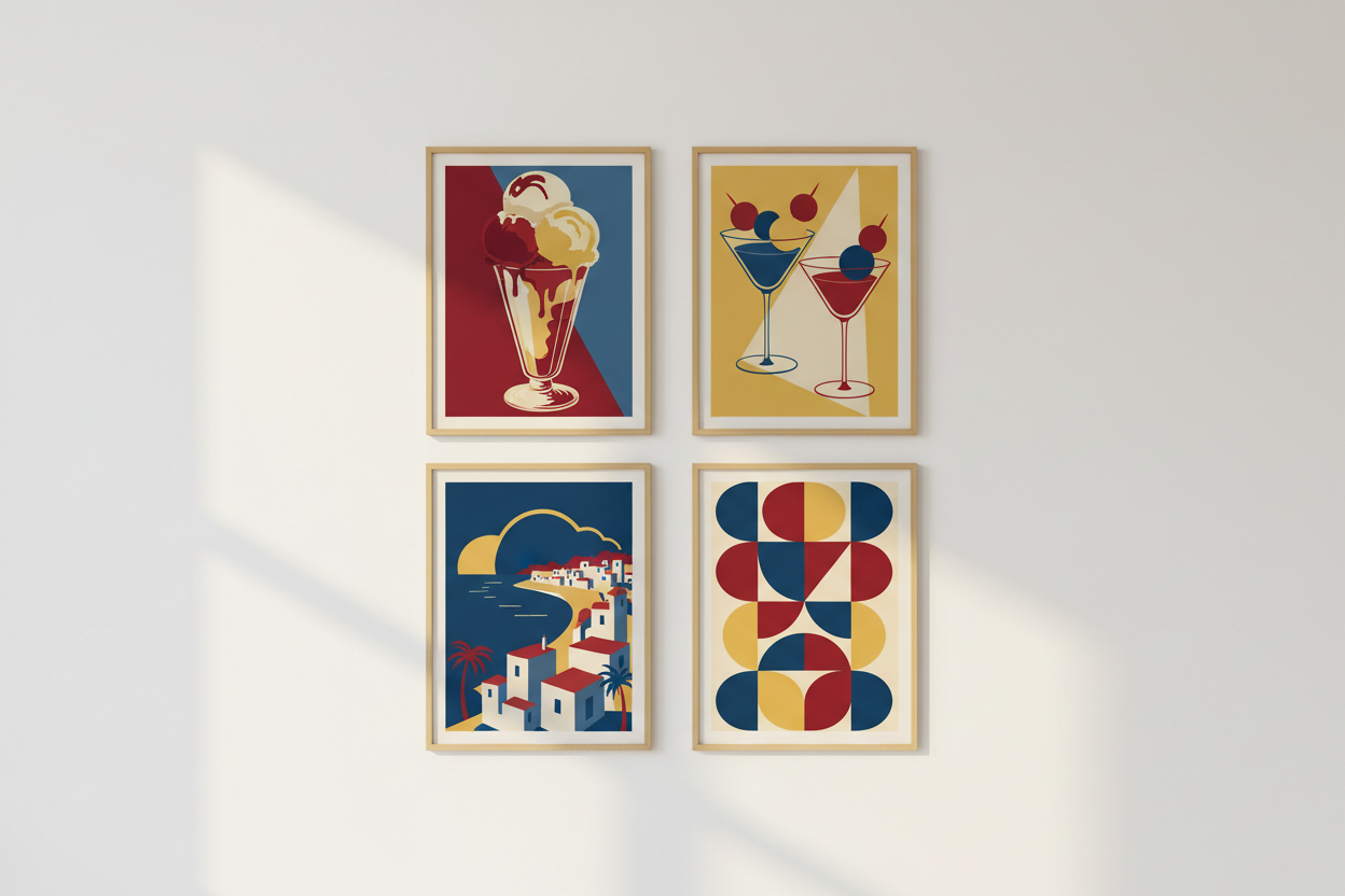 Gallery wall with 10 retro Greek posters in warm vintage tones — printable wall art by Morphē Studio