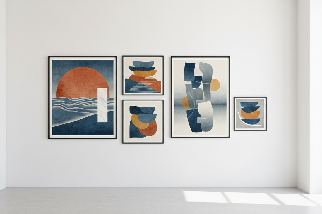Abstract wall art collection by Morphē Studio — bold minimal compositions with Aegean blue tones, terracotta, marble textures and geometric forms, Mediterranean-inspired fine art digital prints for modern interiors