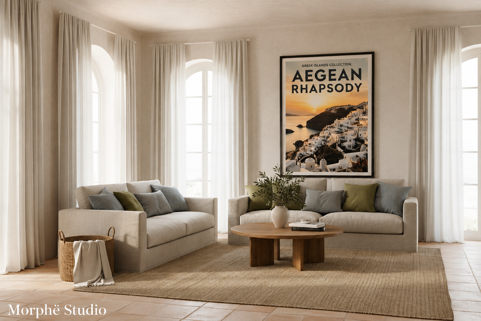 Aegean-inspired printable poster in warm tones displayed in a home interior — Greek island wall art by Morphē Studio