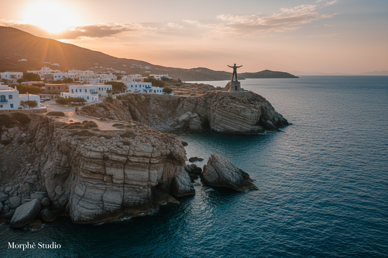 Andros cinematic landscape – verdant Cycladic valleys, stone villages and deep blue Aegean coastline, Greek island wall art by Morphē Studio