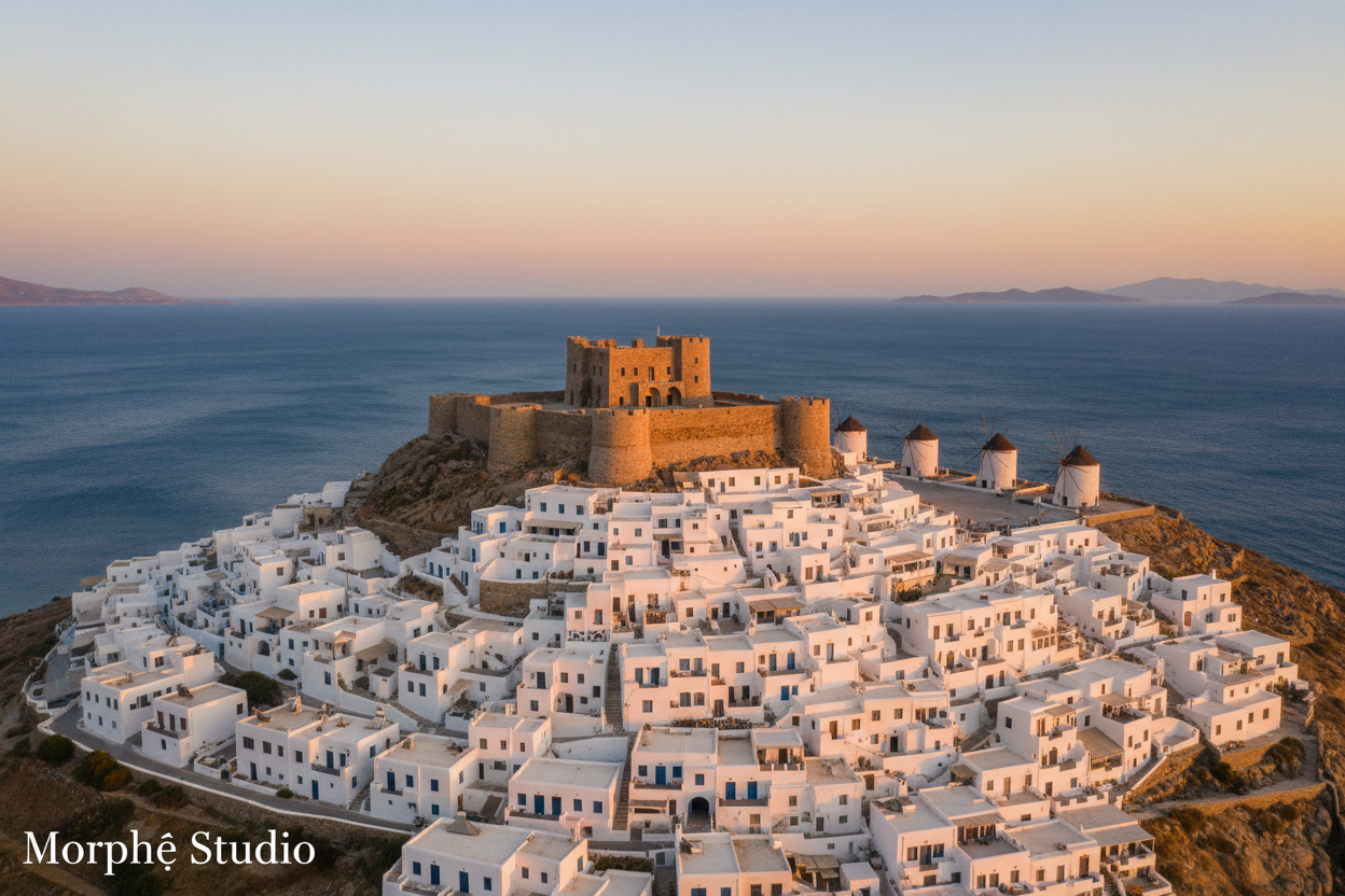 Astypalaia cinematic landscape – Venetian kastro on a hilltop with whitewashed houses and windmills above the Aegean Sea, Greek island wall art by Morphē Studio