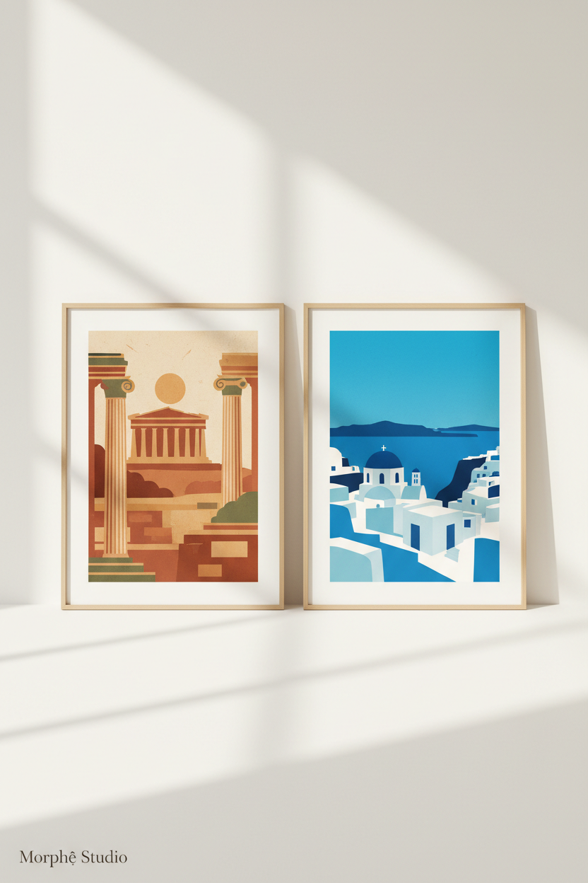 Athens vintage poster and Mykonos cinematic poster side by side — Greek city printable wall art by Morphē Studio