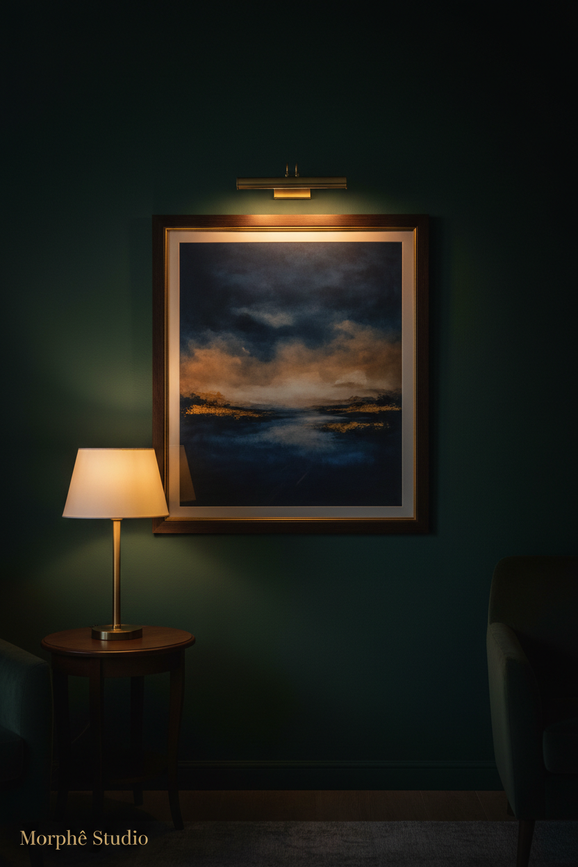 Cinematic travel poster framed on dark wall — moody interior design wall art by Morphē Studio