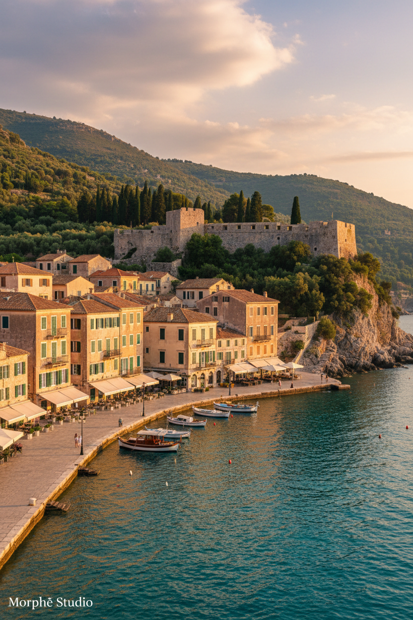 Corfu old town with Venetian architecture and ancient fortress — history of Corfu and cinematic wall art print by Morphē Studio