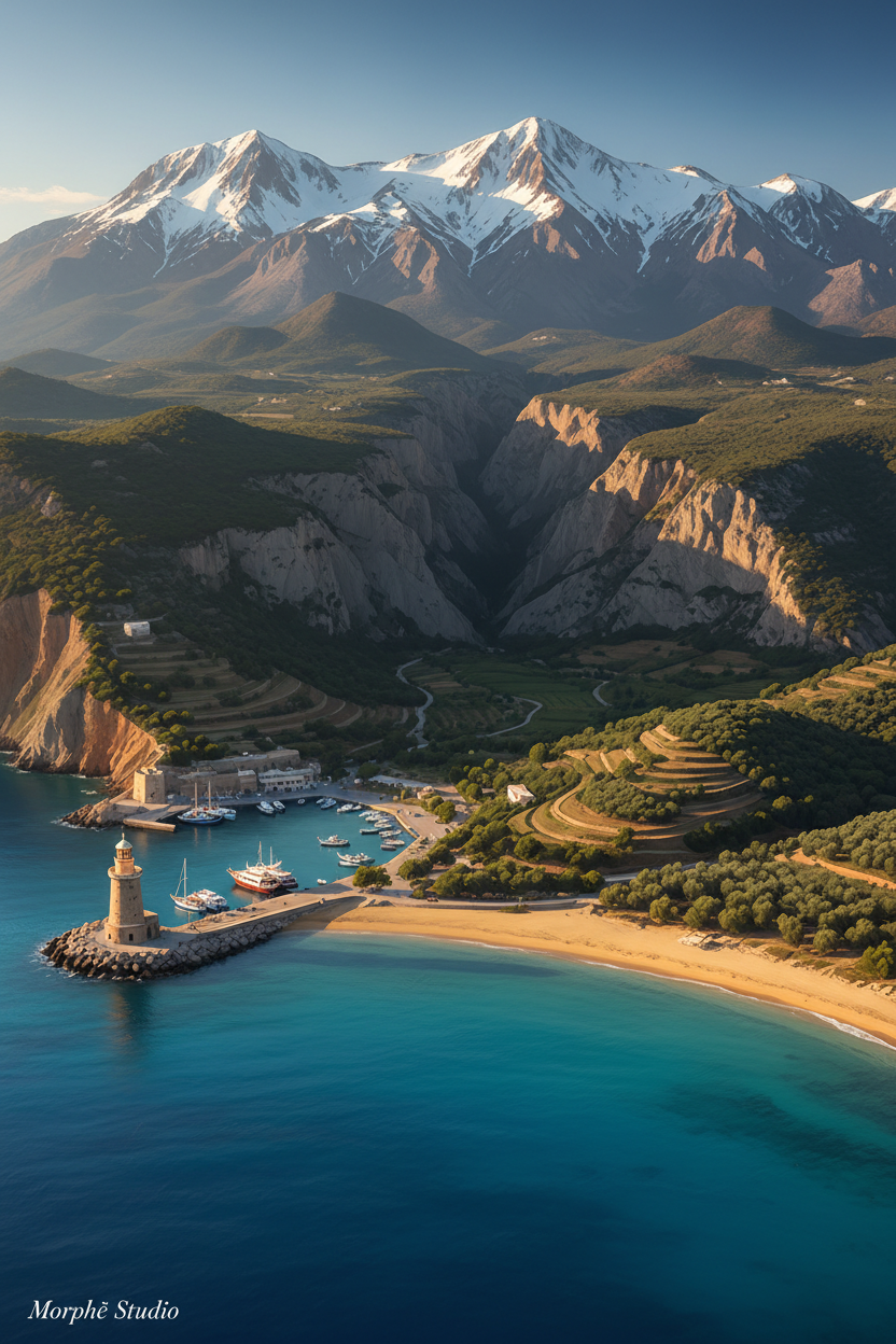 Crete landscape with White Mountains and Venetian harbour — history of Crete and cinematic wall art print by Morphē Studio
