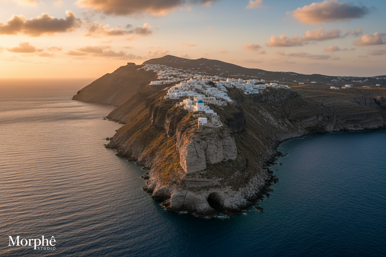 Folegandros cinematic landscape – whitewashed Cycladic village on dramatic clifftops above the deep blue Aegean Sea, Greek island wall art by Morphē Studio