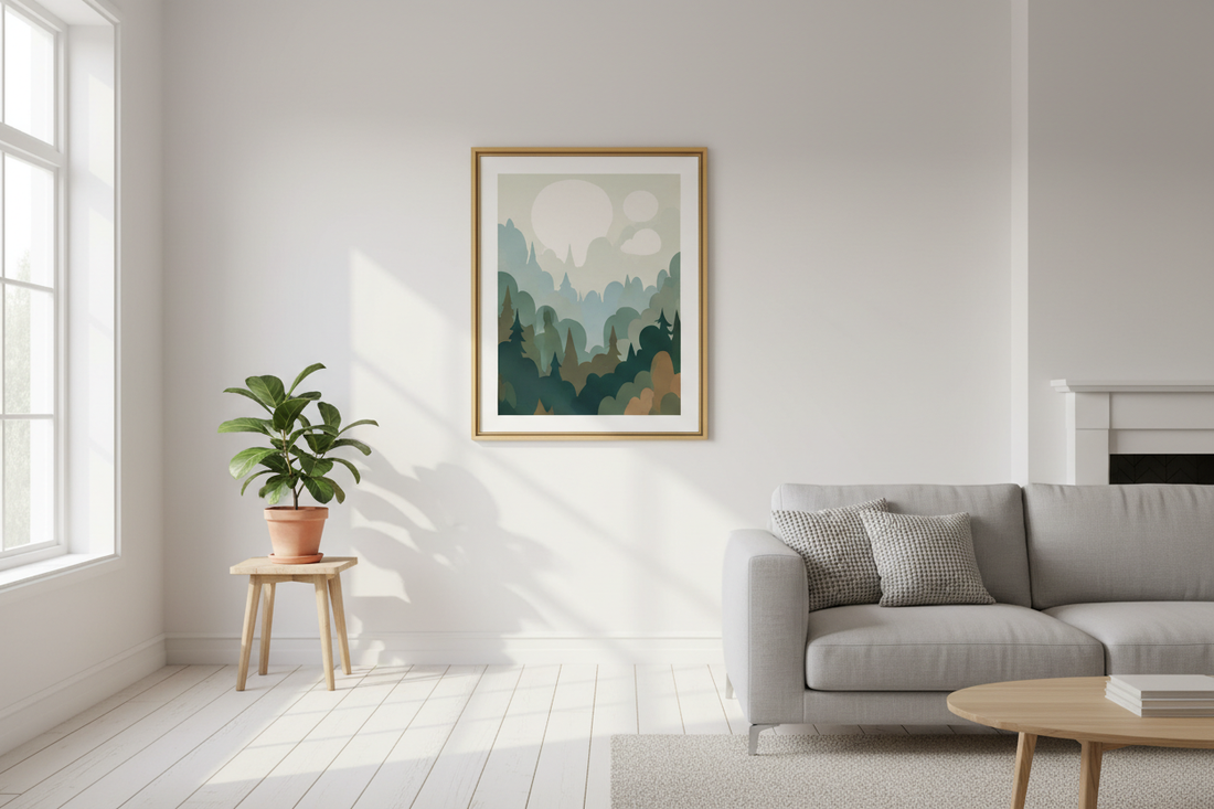 Vintage poster in a black frame hanging on a white wall in a modern living room with warm natural light