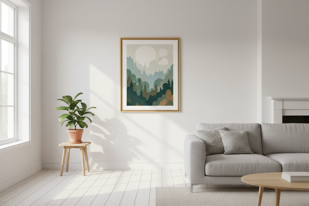 Vintage poster in a black frame hanging on a white wall in a modern living room with warm natural light