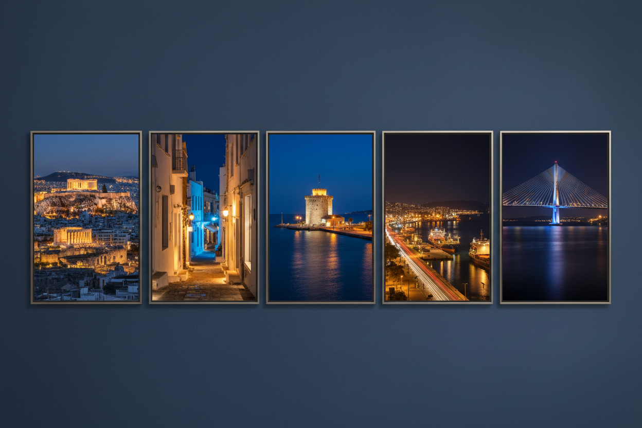 Cinematic Greek Places by Night wall art poster collection – moody night views of Athens, Mykonos, Thessaloniki, Patras and Rion-Antirion Bridge by Morphē Studio
