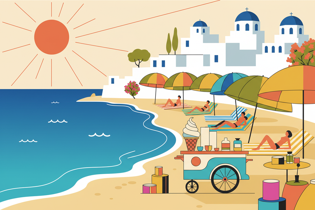Colorful vintage Greek illustration with retro ice cream cart and Mediterranean coastal scene in 1950s mid-century style