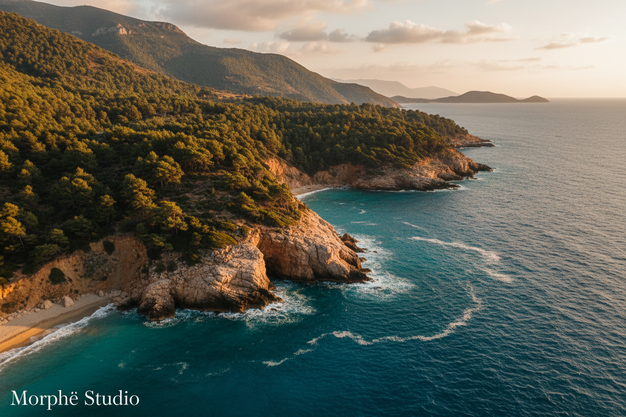 Ikaria cinematic landscape – dramatic Aegean coastline, pine forests and turquoise sea, Greek island wall art by Morphē Studio