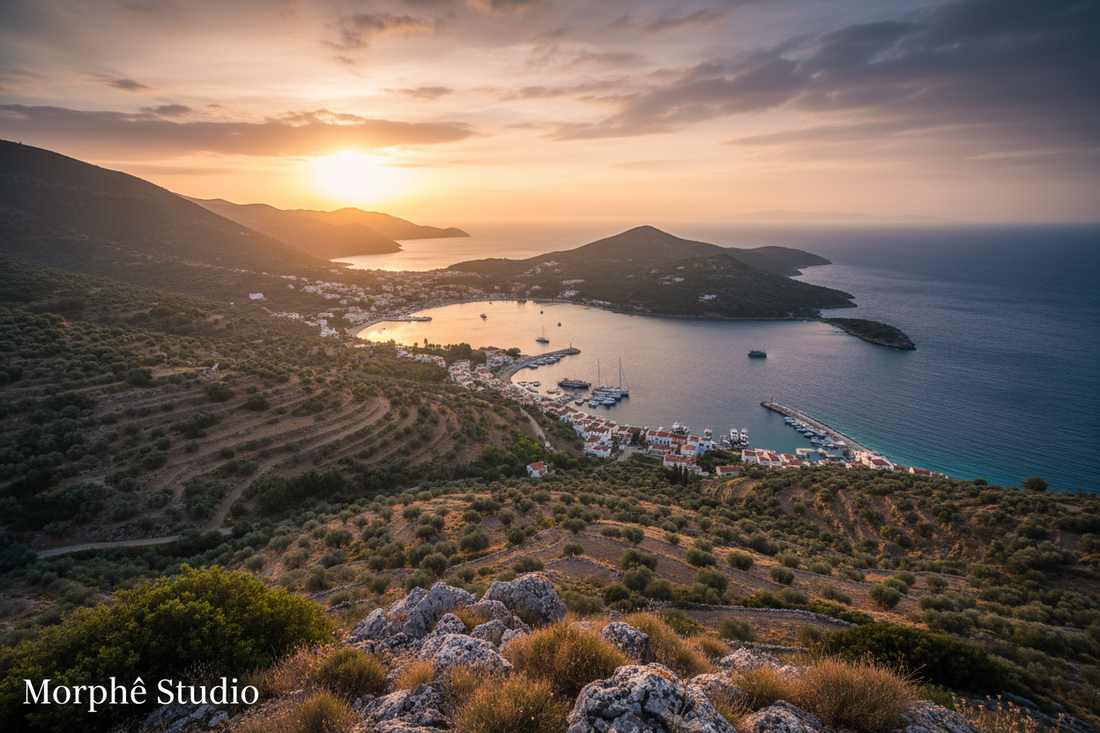 Ithaki cinematic landscape – lush Ionian coastline and turquoise sea, mythical island of Odysseus, Greek island wall art by Morphē Studio