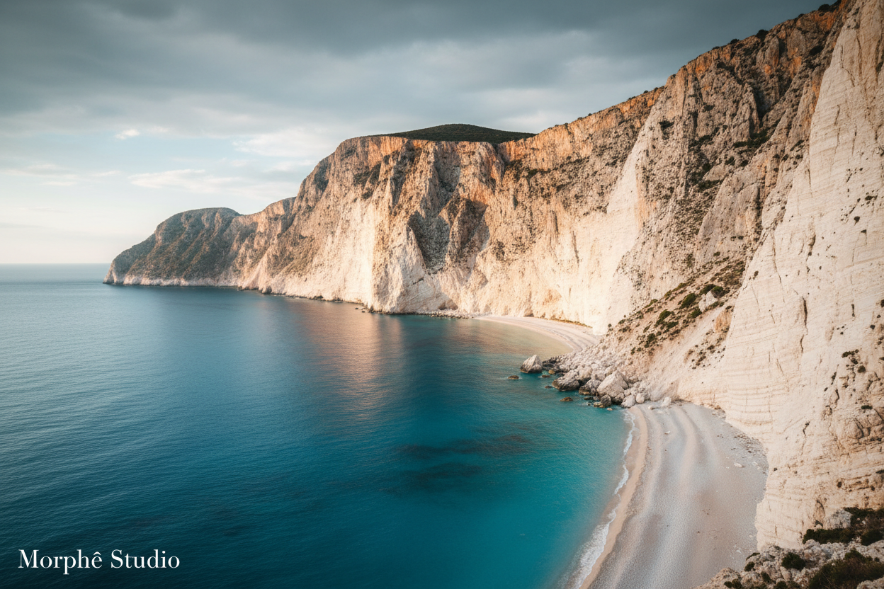 Kefalonia cinematic landscape – turquoise Ionian waters and lush green coastline, Greek island wall art by Morphē Studio
