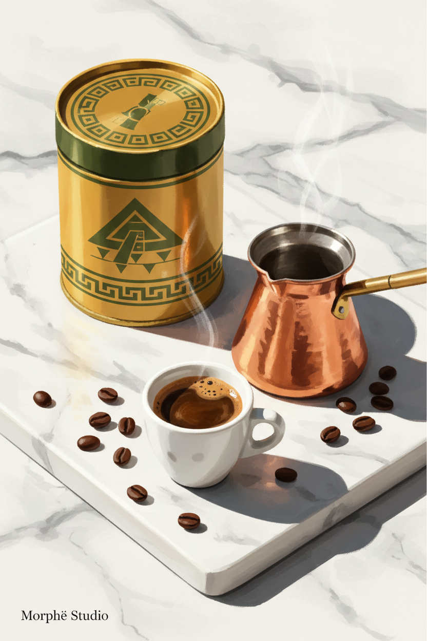 Vintage Greek coffee aesthetic with briki and copper pot — Loumidis coffee history and vintage advertising poster by Morphē Studio