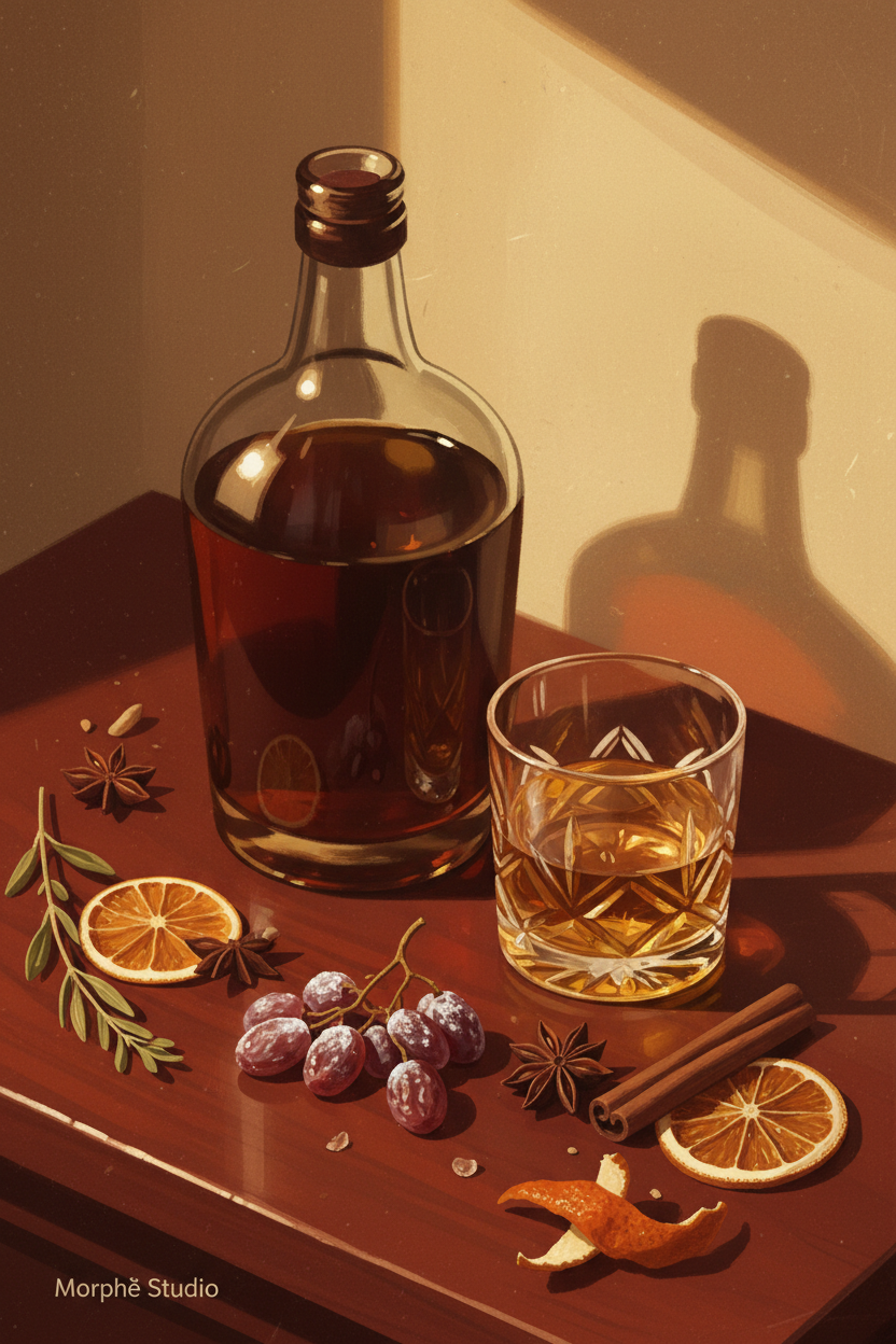 Vintage Greek spirit aesthetic with aged bottle and crystal glass — METAXA history and vintage advertising poster by Morphē Studio
