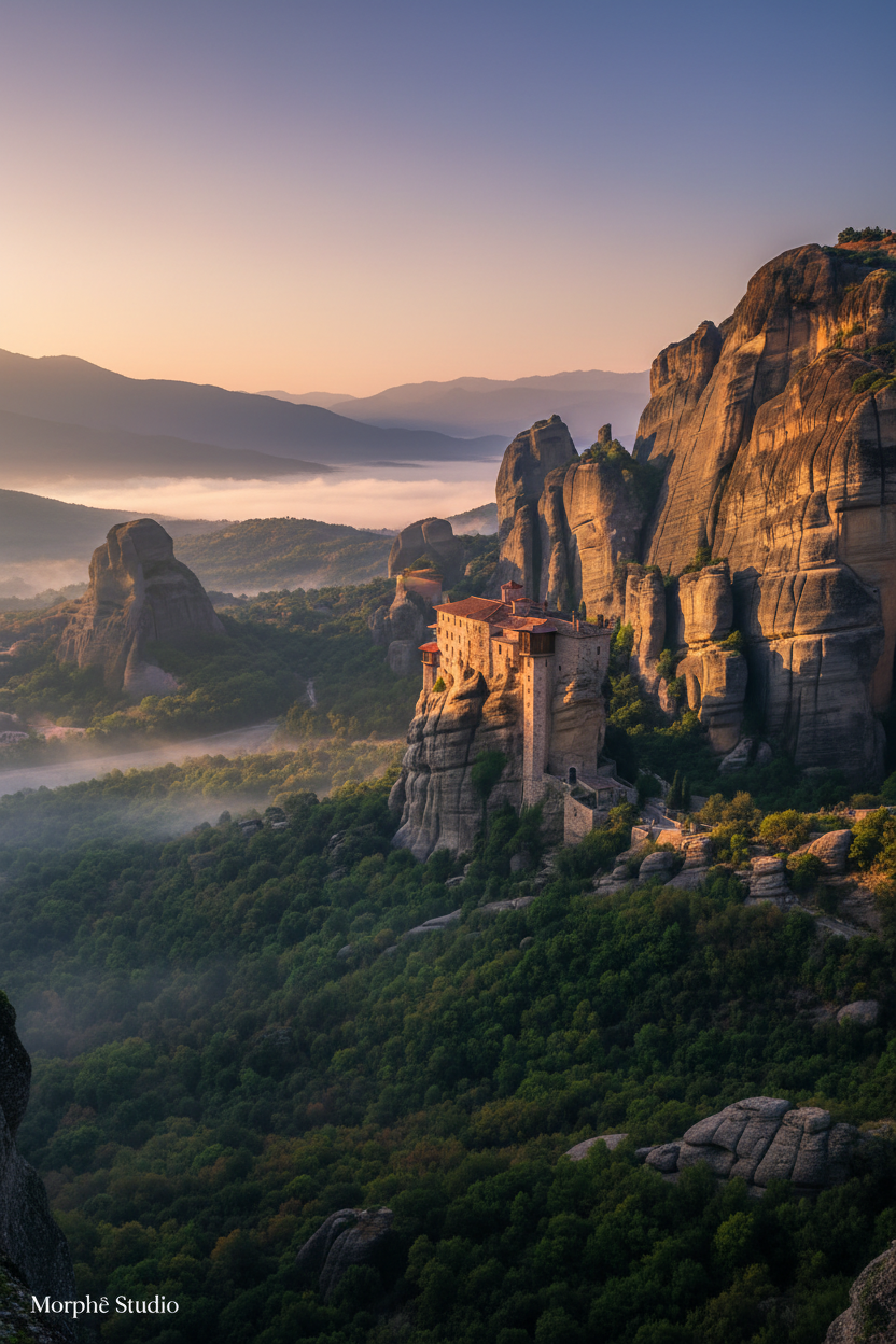 Meteora monasteries perched on towering rock pillars in central Greece — history and vintage wall art print by Morphē Studio