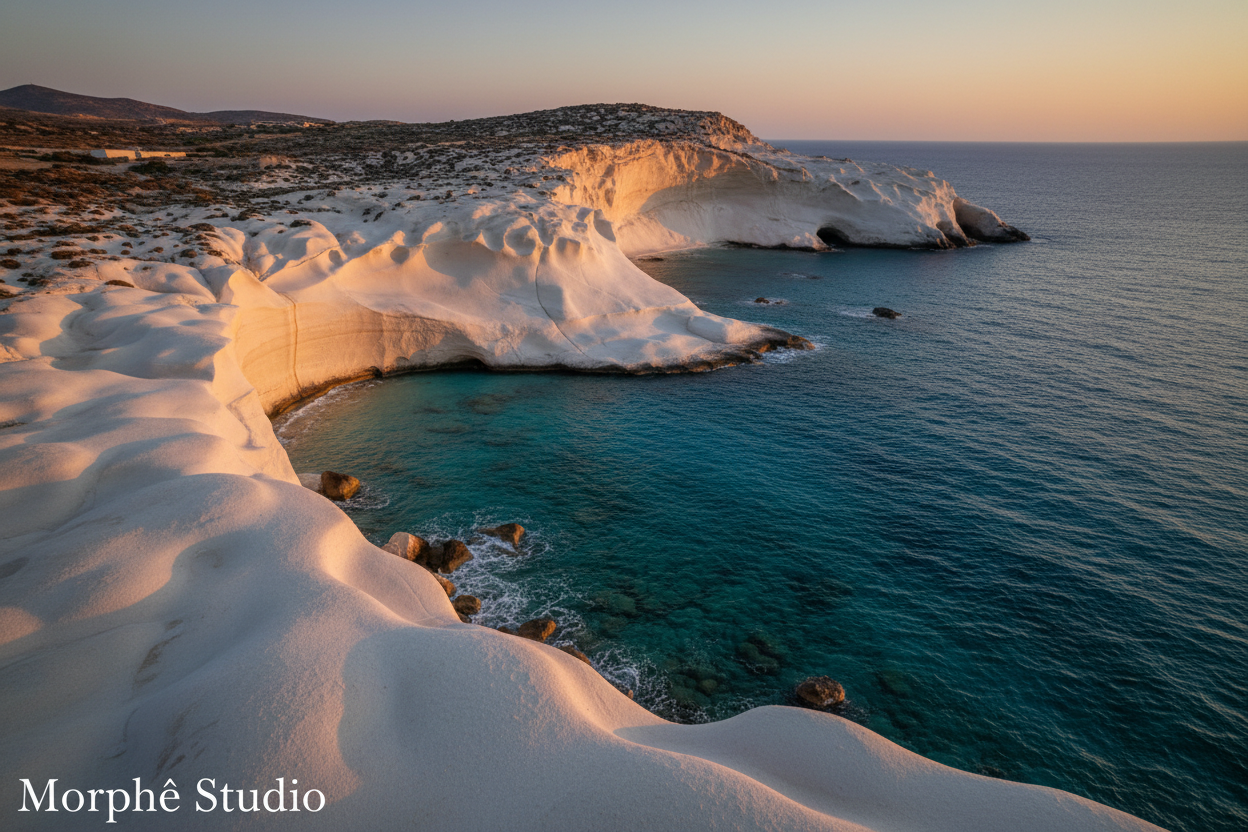 Milos cinematic landscape – volcanic white rock formations and crystal-clear turquoise Aegean water, Greek island wall art by Morphē Studio