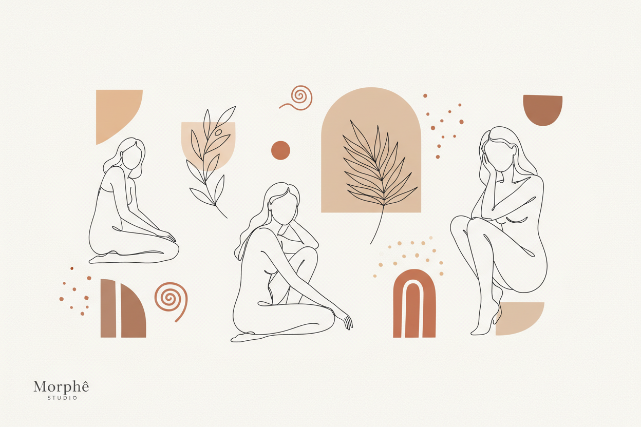 Minimal line art prints collection by Morphē Studio — elegant single-line drawings of figures and botanicals, printable wall art digital download