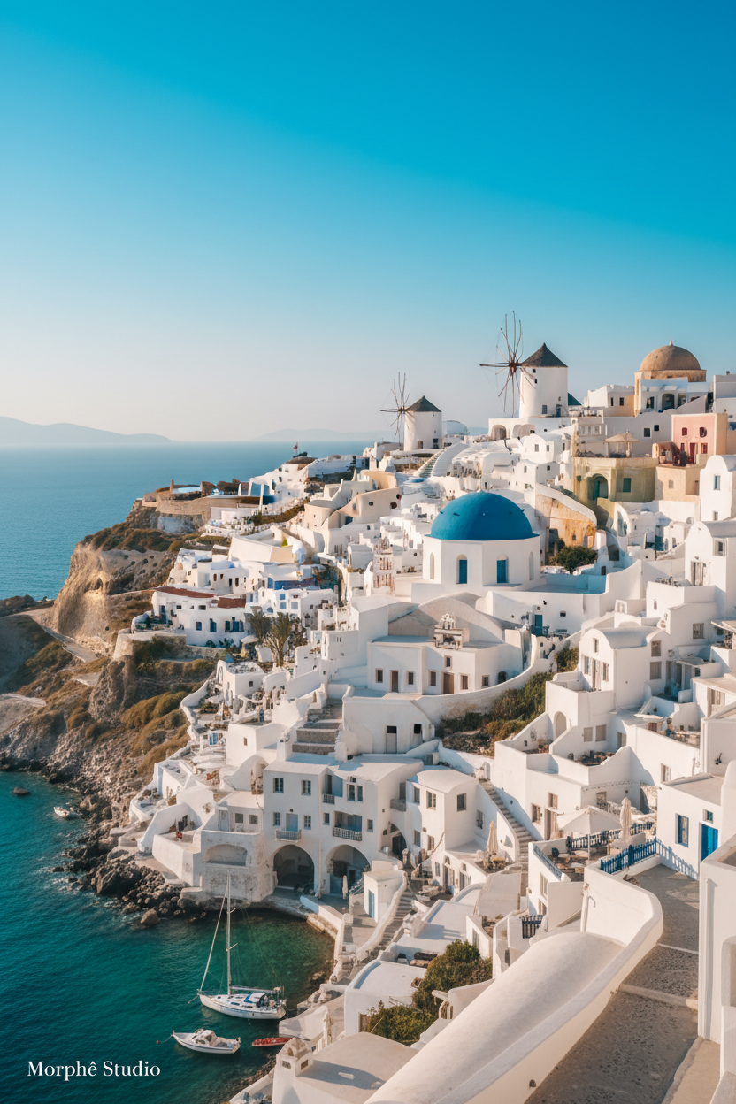 Mykonos windmills and whitewashed Cycladic architecture — history of Mykonos and cinematic wall art print by Morphē Studio