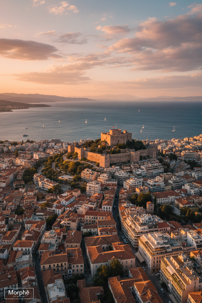 Patras Greece at golden hour — the city behind Morphē Studio printable wall art