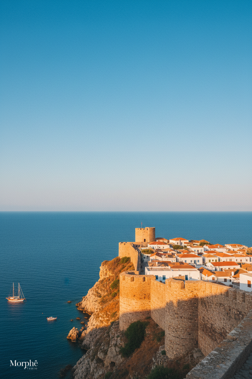 Rhodes medieval city walls at golden hour — history of Rhodes and cinematic wall art print by Morphē Studio