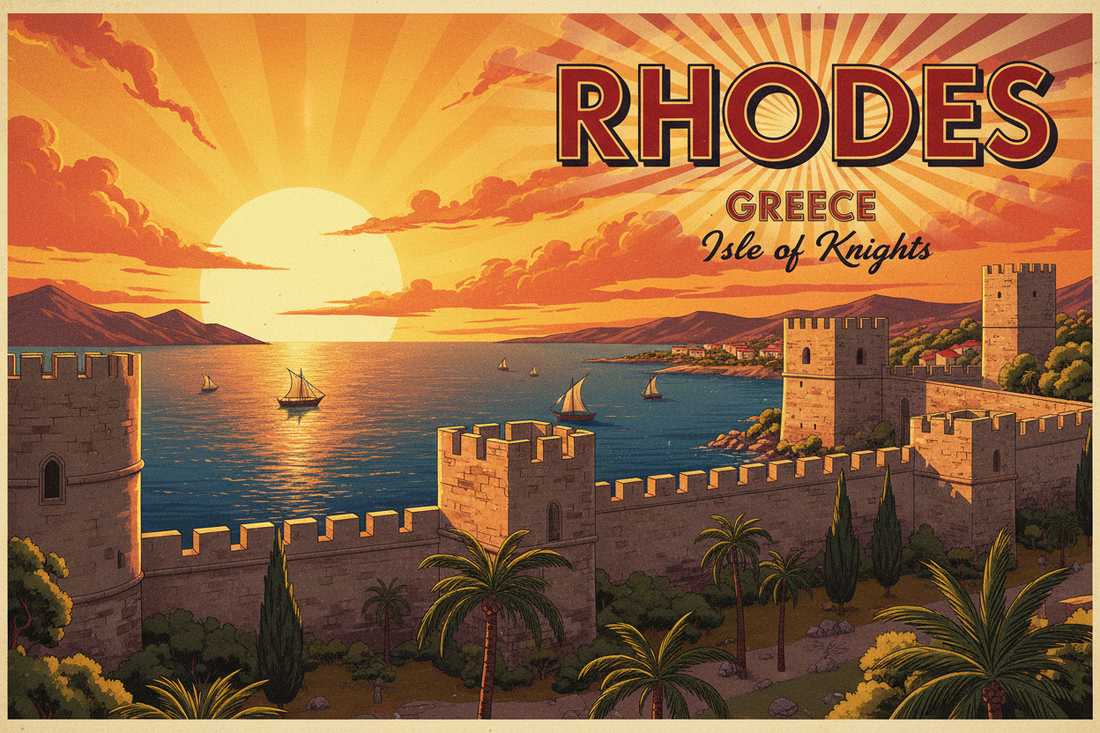 Rhodes cinematic travel poster printable wall art — Morphē Studio