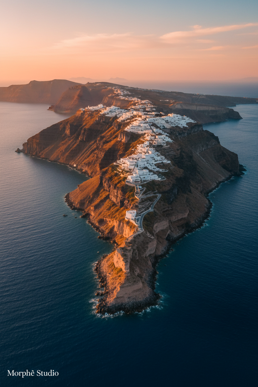 Santorini caldera at golden hour — history, legend and wall art prints by Morphē Studio