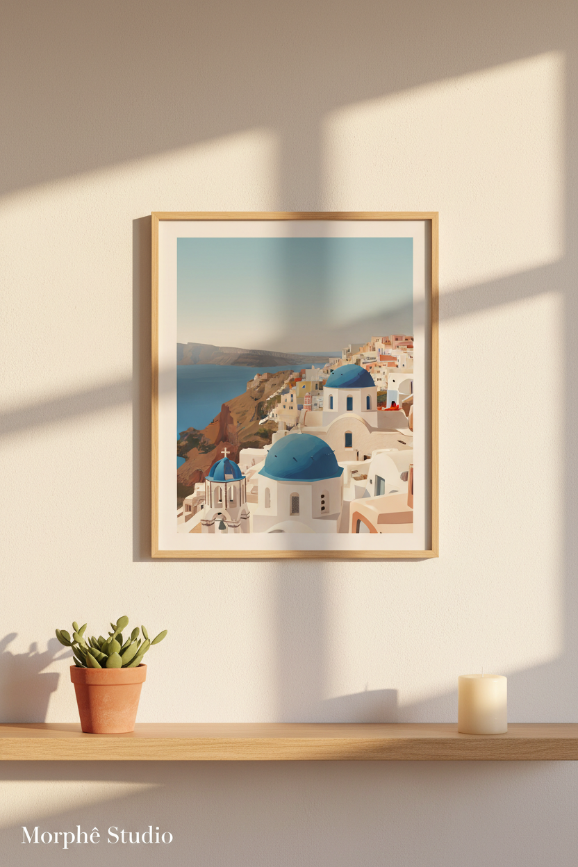 Santorini vintage poster framed on wall — printable wall art instant digital download by Morphē Studio