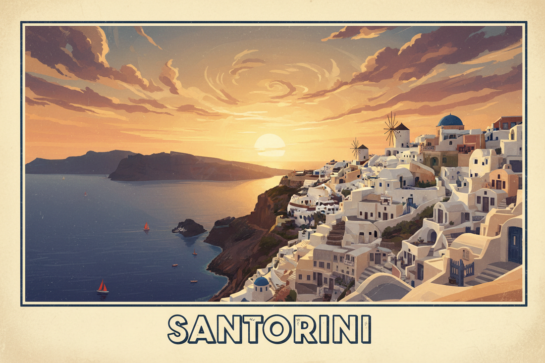 Santorini printable wall art cinematic and vintage poster — Morphē Studio