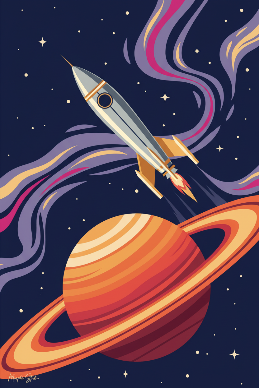 Vintage retro space tourism travel poster illustration by Morphē Studio — silver rocket soaring above a ringed planet in a deep navy starry sky, mid-century flat design style