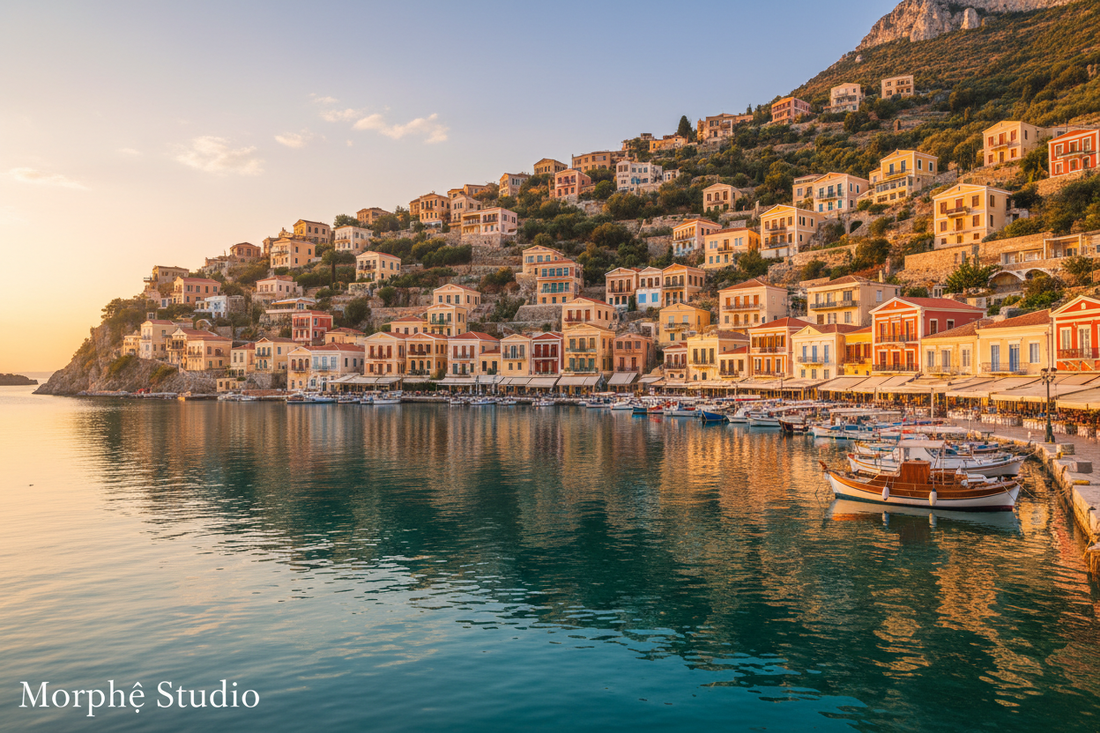 Symi cinematic landscape – neoclassical harbour mansions in ochre and terracotta reflected in the Aegean Sea, Greek island wall art by Morphē Studio