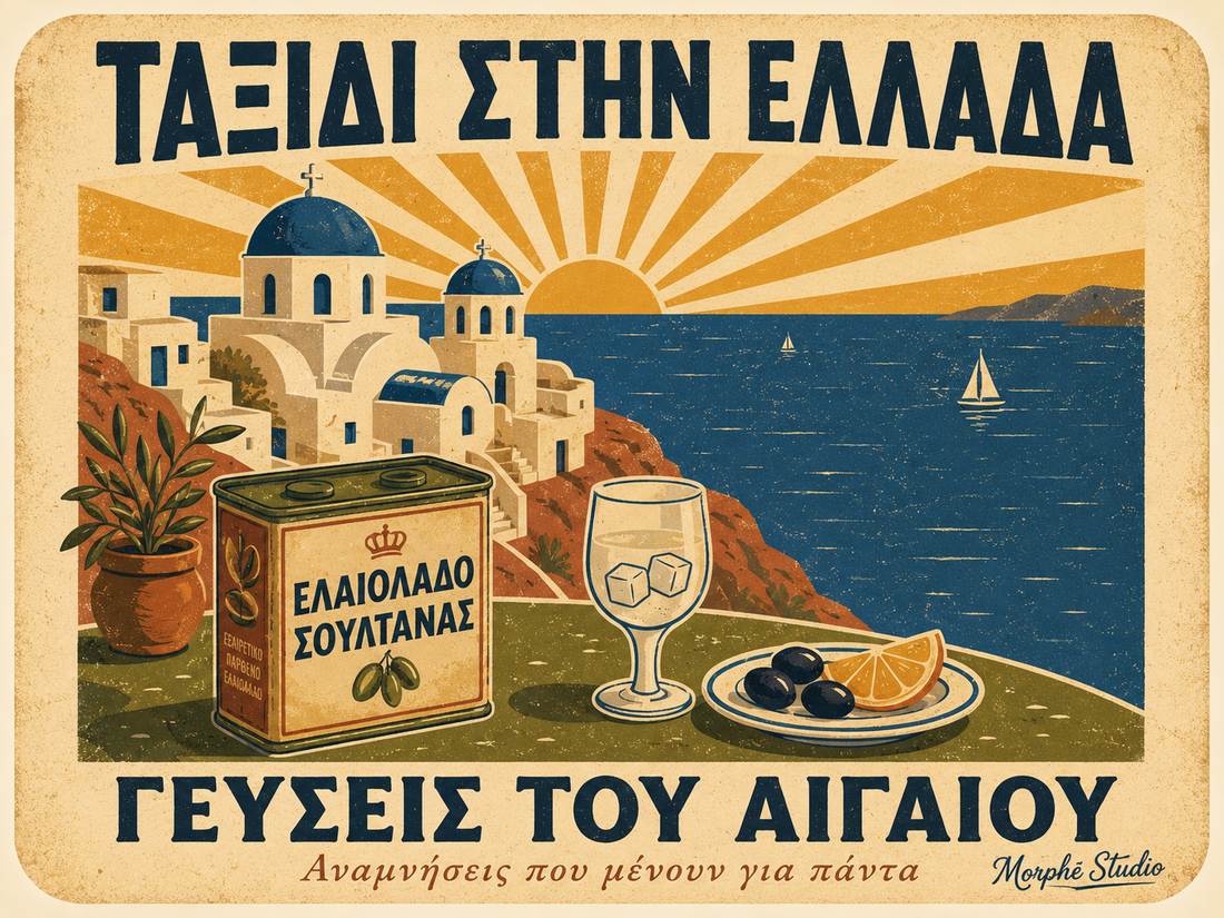 Vintage Greek advertising poster "Ταξίδι στην Ελλάδα – Γεύσεις του Αιγαίου" by Morphē Studio, featuring Santorini blue-domed churches, Aegean sea, olive oil tin, ouzo glass, olives and lemon, in retro mid-century style