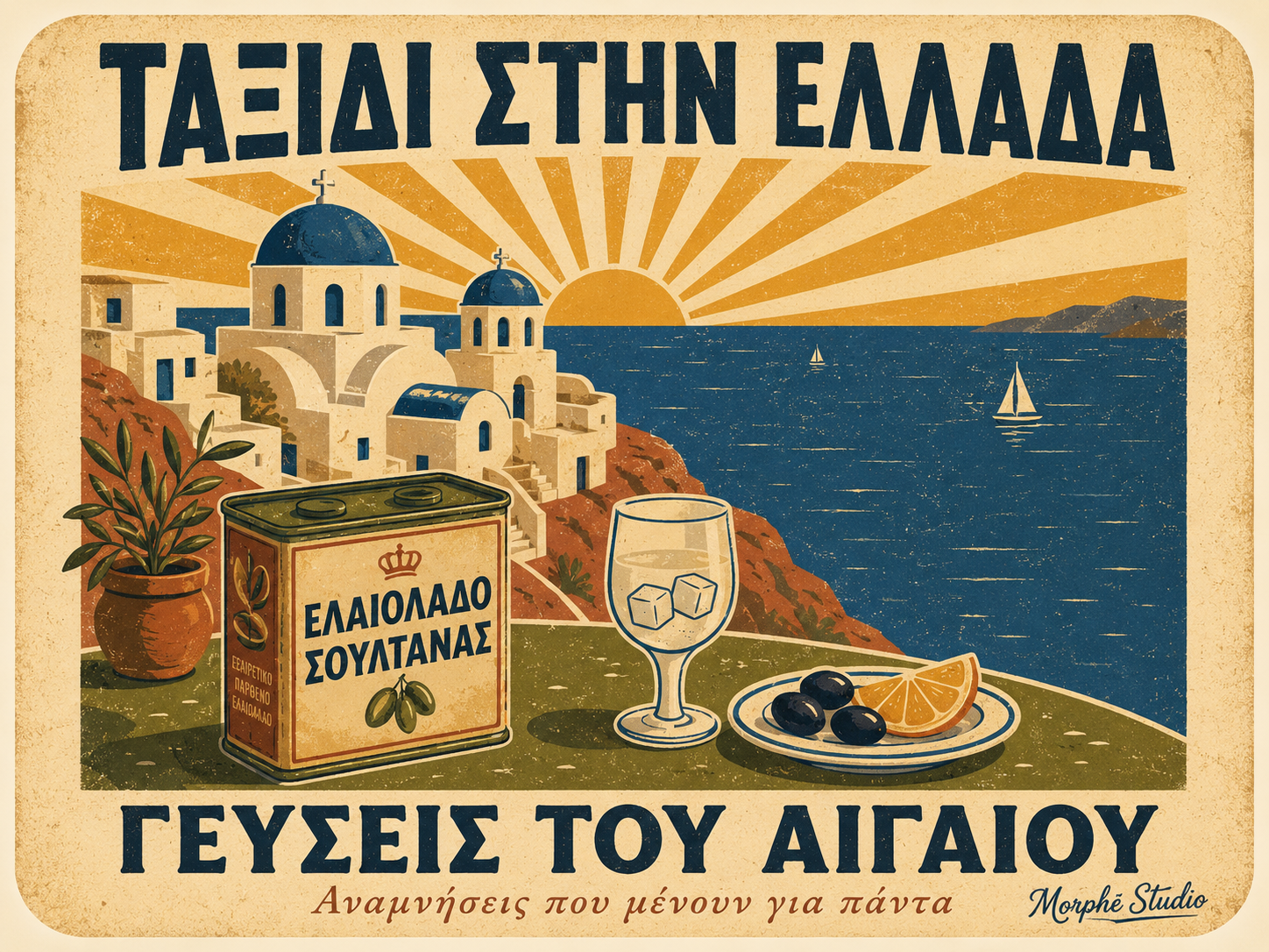 Vintage Greek advertising poster "Ταξίδι στην Ελλάδα – Γεύσεις του Αιγαίου" by Morphē Studio, featuring Santorini blue-domed churches, Aegean sea, olive oil tin, ouzo glass, olives and lemon, in retro mid-century style