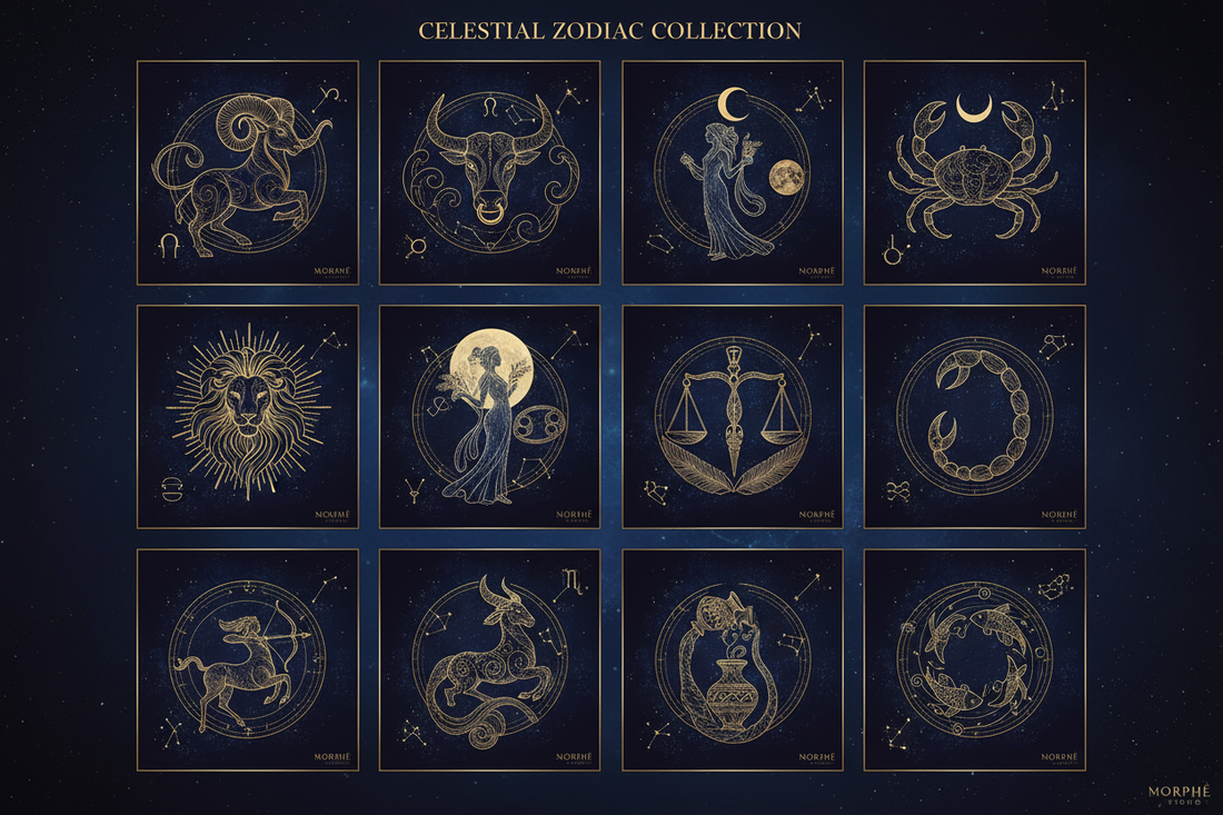 Celestial Zodiac fine art print collection by Morphē Studio — all 12 zodiac signs with gold constellation lines and cosmic symbols on a deep midnight blue background, elegant and mystical wall art