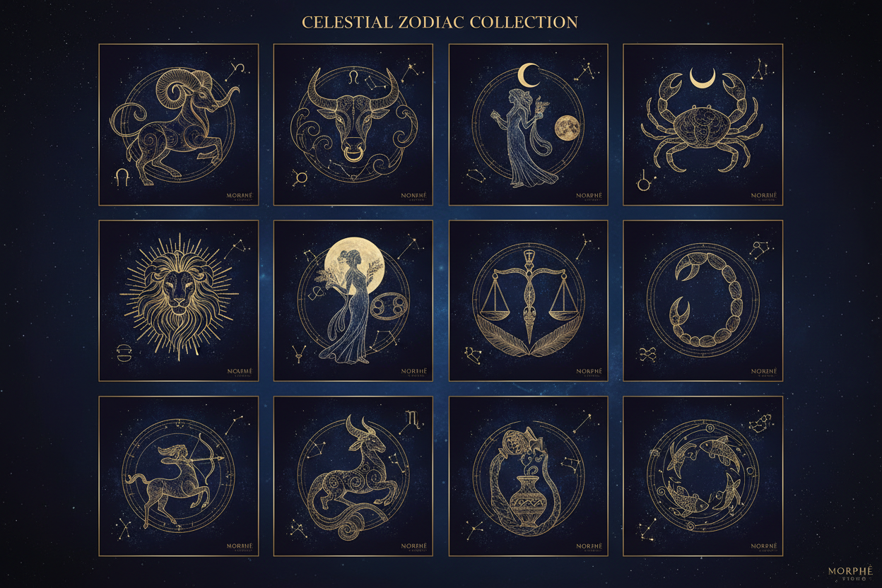 Celestial Zodiac fine art print collection by Morphē Studio — all 12 zodiac signs with gold constellation lines and cosmic symbols on a deep midnight blue background, elegant and mystical wall art