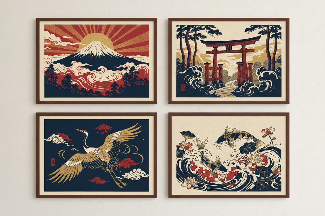 Japanese art print collection by Morphē Studio — Crimson Fuji at sunset, misty torii gate, golden crane in flight and koi fish in ink-wash style, woodblock print aesthetic in navy, crimson and gold tones