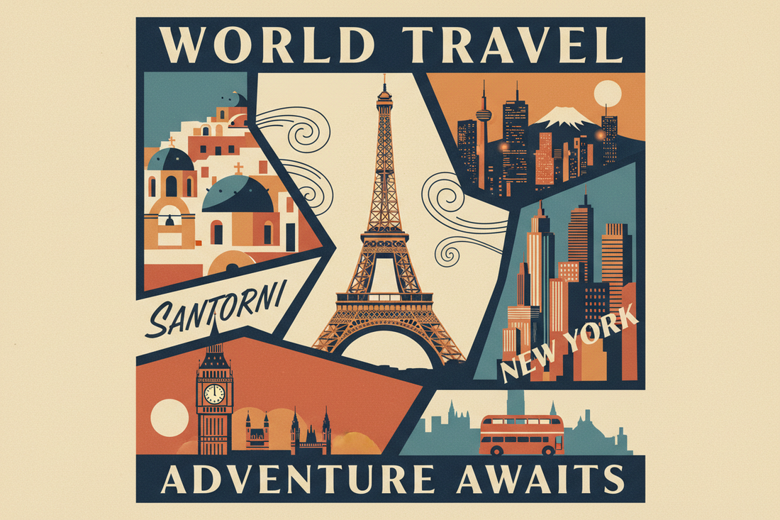 Vintage mid-century travel poster collage featuring Paris, Tokyo, New York City, Santorini and London — bold flat colors, retro palette, fine art digital prints by Morphē Studio