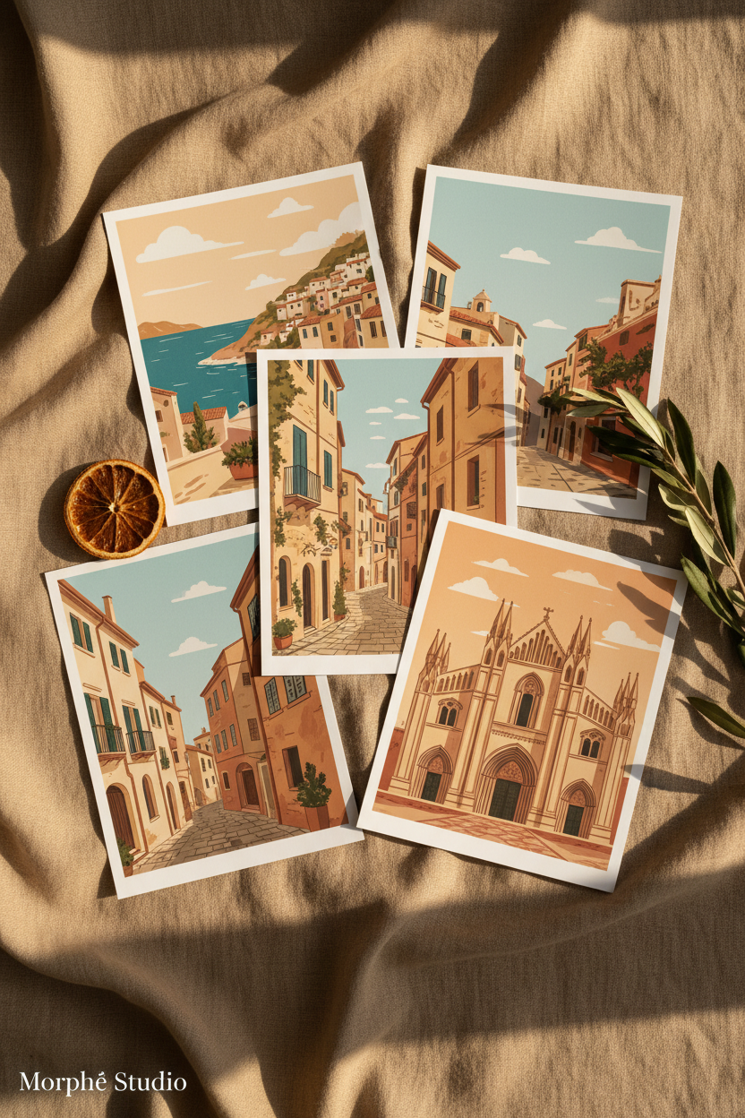 Vintage travel poster collection flat lay — world destinations printable wall art by Morphē Studio