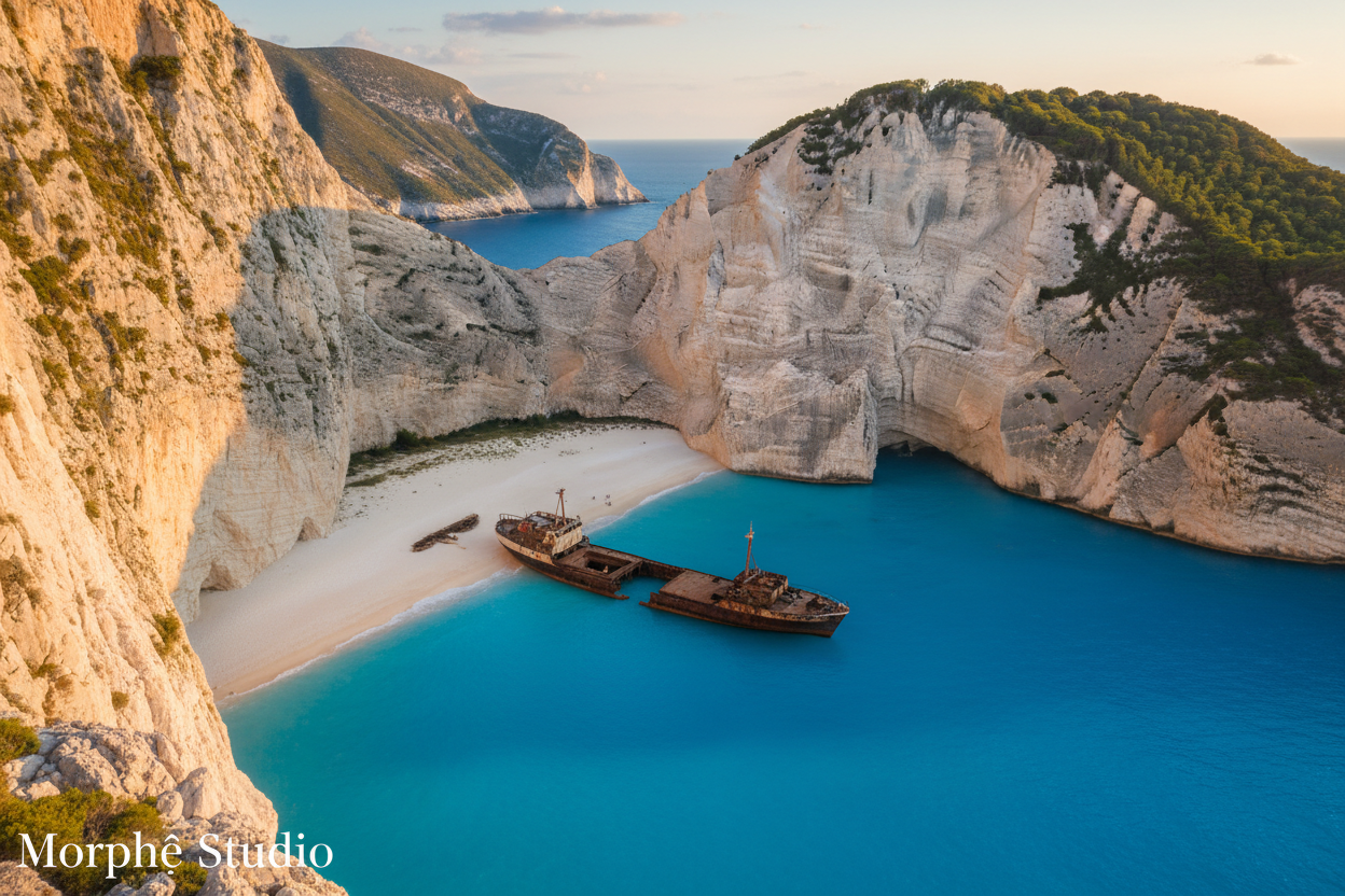 Zakynthos cinematic landscape – Navagio shipwreck beach with white limestone cliffs and turquoise Ionian water, Greek island wall art by Morphē Studio