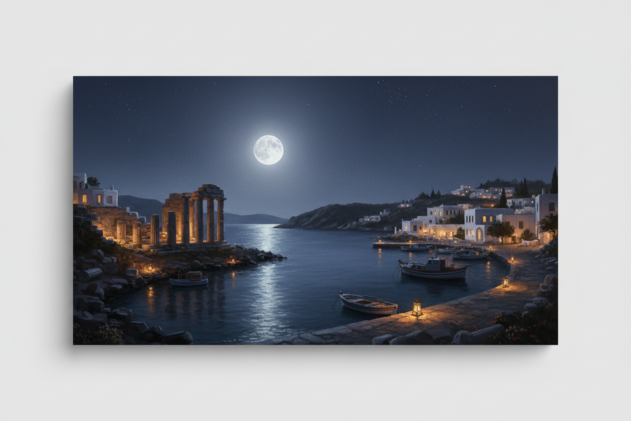 Cinematic night scene of a Greek place with moonlit sky, ancient ruins and warm golden lights reflecting on the Mediterranean sea – Morphē Studio