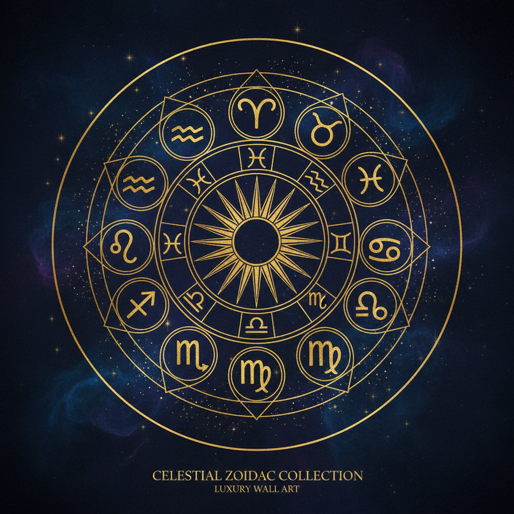 The Celestial Zodiac – Circular mandala with all 12 zodiac constellation symbols on a deep midnight blue background with gold details and stars, Morphē Studio wall art collection