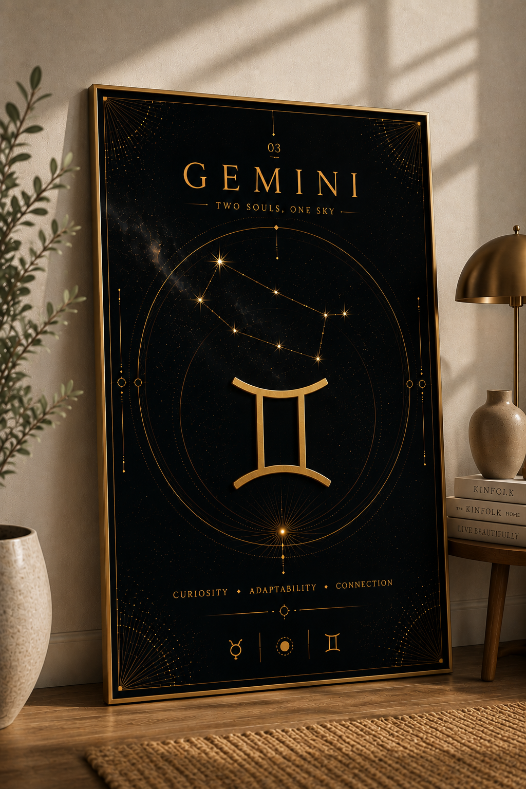 Gemini – Two Souls, One Sky | Celestial Zodiac Wall Art Print | Framed Poster Mockup | Morphē Studio