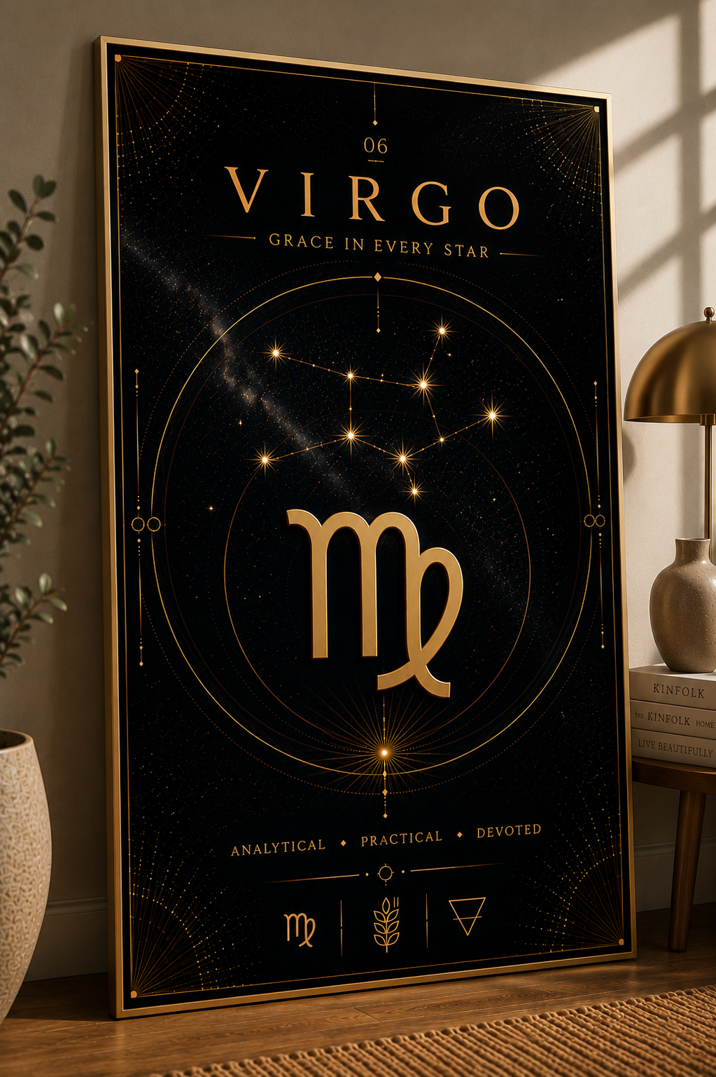 06. Virgo – Grace in Every Star | Celestial Zodiac Wall Art Print | Framed Poster Mockup | Morphē Studio