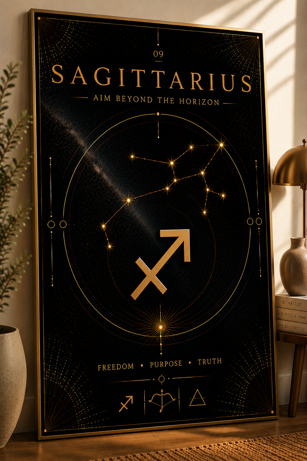 09. Sagittarius – Aim Beyond the Horizon | Celestial Zodiac Wall Art Print | Framed Poster Mockup | Morphē Studio