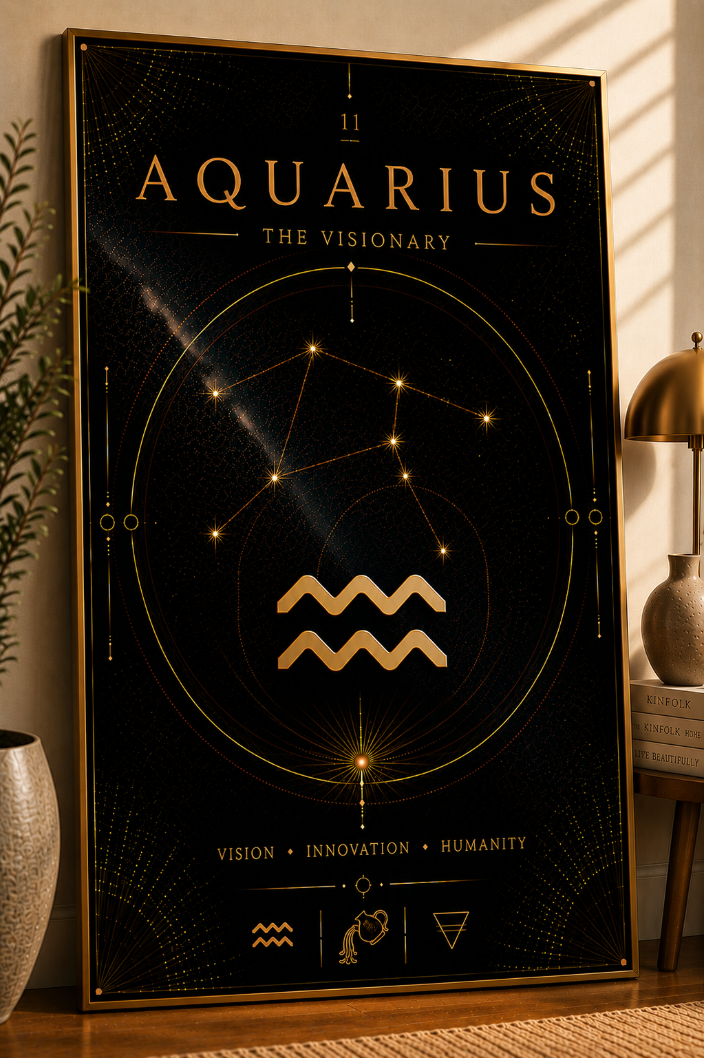 11. Aquarius – The Visionary | Celestial Zodiac Wall Art Print | Framed Poster Mockup | Morphē Studio
