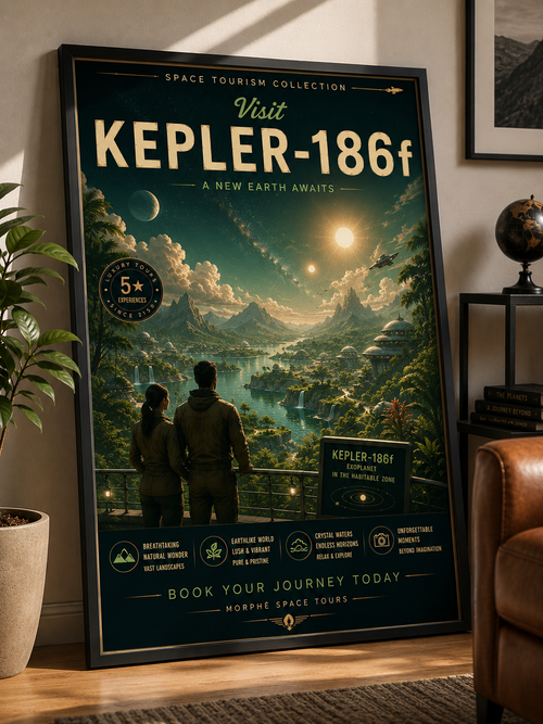 A New Earth Space Tourism Poster – Framed Wall Art Mockup | Morphē Studio