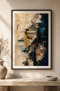 Aegean Fracture | Printable Abstract Wall Art | Morphē Studio — large framed abstract print in black frame on cream wall above marble console with ceramic vase and bowl, ancient Greek column dissolving into digital glitch