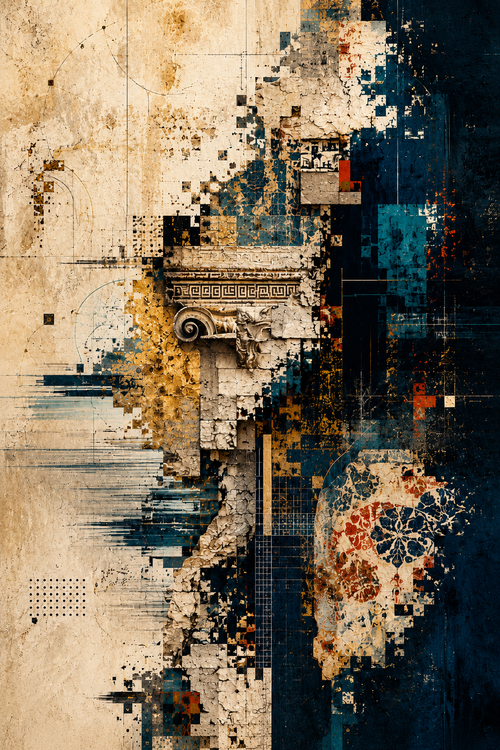 Aegean Fracture | Printable Abstract Wall Art | Morphē Studio — crumbling Ionic column capital fragmenting into pixelated glitch patterns against deep Aegean navy with golden mosaic fragments, Byzantine rosette and architectural blueprints on parchment