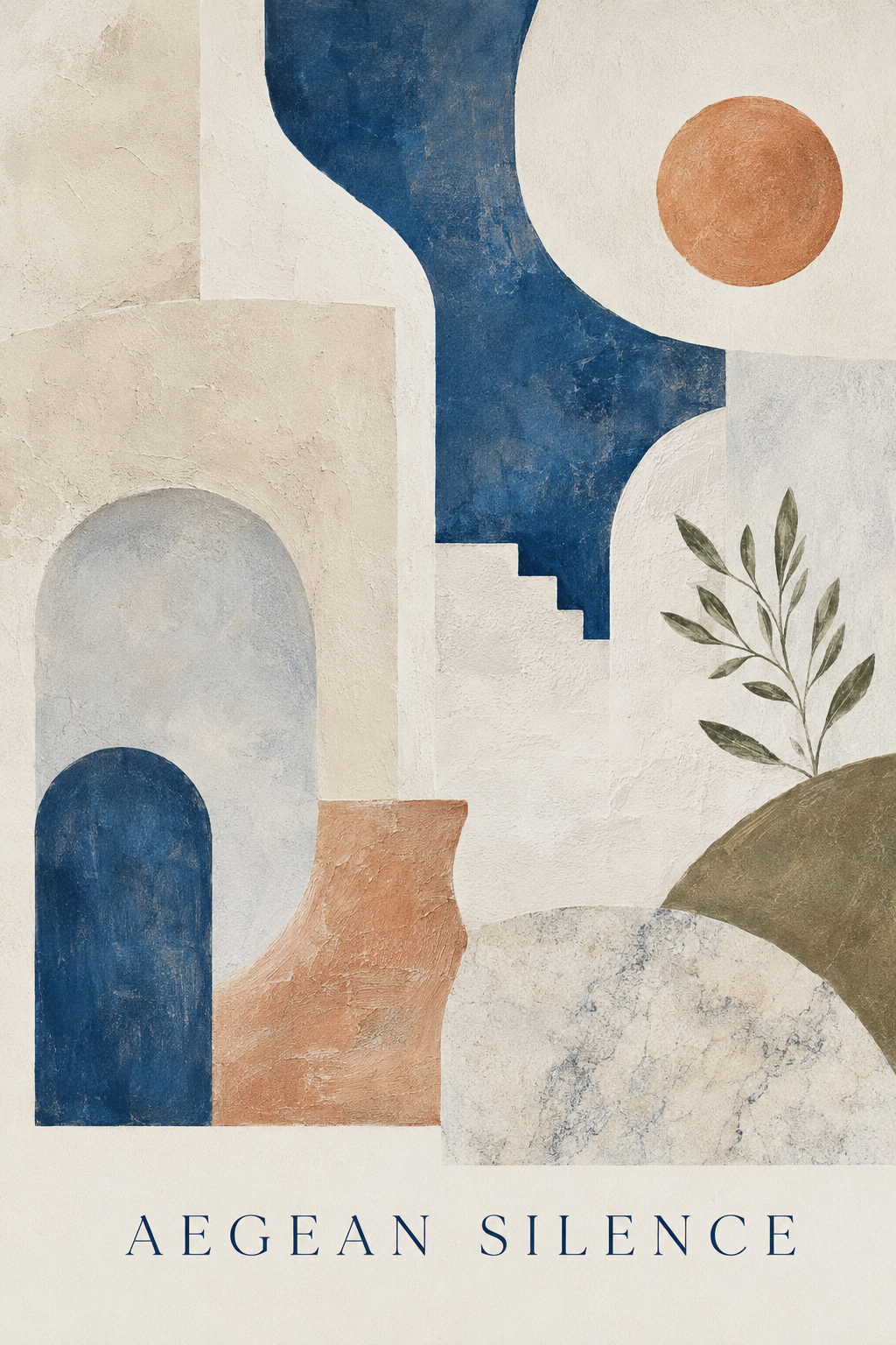 Aegean Silence | Printable Abstract Wall Art | Morphē Studio — blue arches, terracotta tones, olive branch, cream background