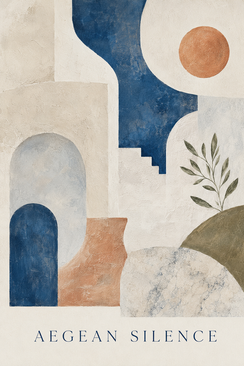 Aegean Silence | Printable Abstract Wall Art | Morphē Studio — blue arches, terracotta tones, olive branch, cream background